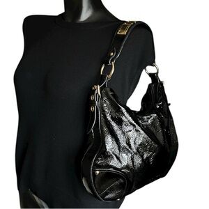 The Original Car Shoe Company Black Patent Leather Shoulder Bag Gold Hardware
